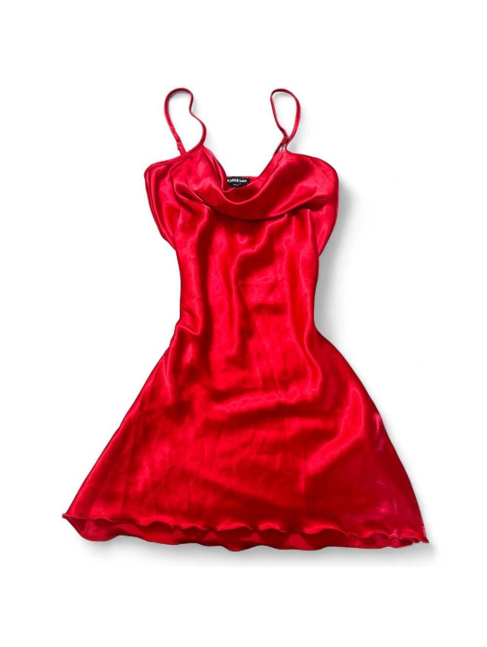 Vintage Bebe red satin cowl neck mini dress